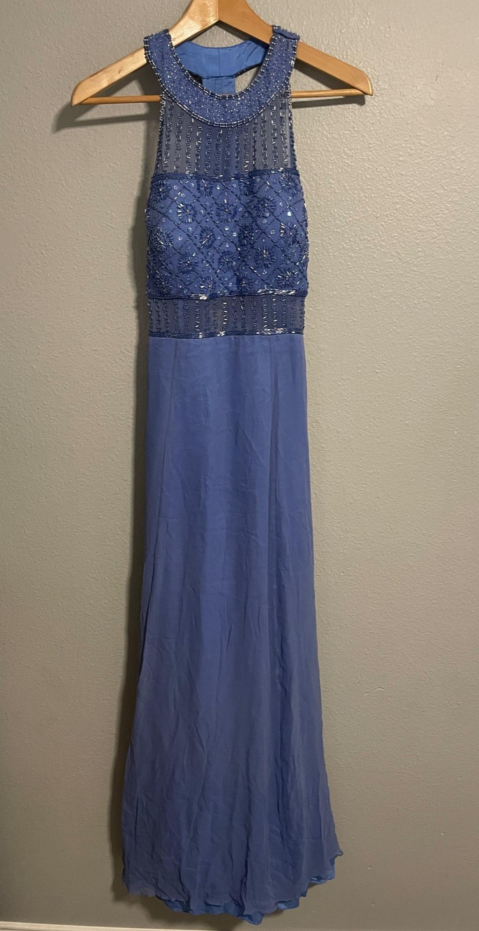 Precious Formals Dress Womens 10 Blue Silk Beaded Halter Maxi Formal Evening Y2K